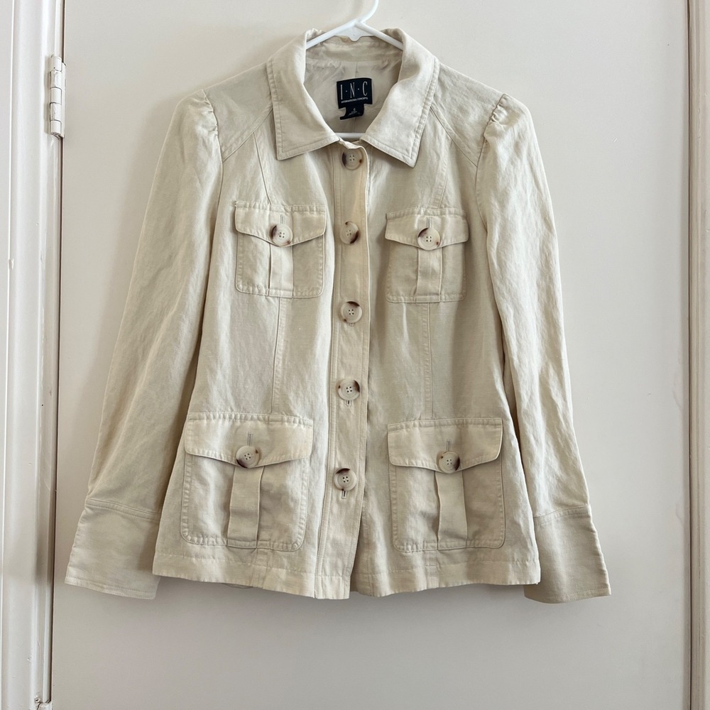 INC Silk Linen Blend Utility Jacket Women 6 Beige Safari Button Front Resort